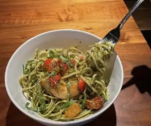 Pasta with fresh pesto and tomatoes at Barkeater's restaurant. 